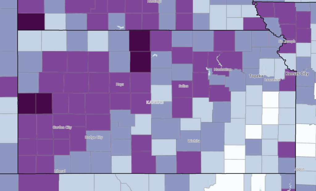 A map of Kansas showing rates of broadband access by county.